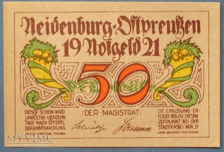 50 Pfennig 1921 r - Neidenburg Ost- Nidzica