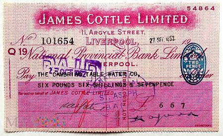 Wielka Brytania czek z 1952 r.