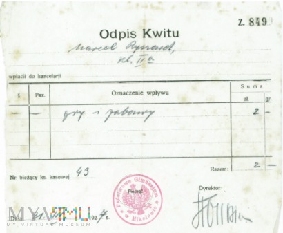Odpis kwitu- Gimnazjum w Mikołowie- 1927