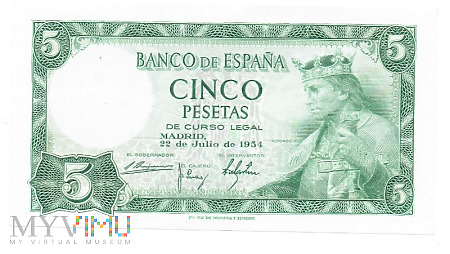 Duże zdjęcie Hiszpania - 5 pesetas 1954r.
