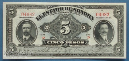 Duże zdjęcie 5 pesos 1915 r - El Estado de Sanora - Meksyk