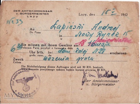 Nakaz pracy-Łapy 1942.