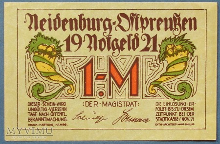 1 Mark 1921 r - Neidenburg Ostpr - Nidzica