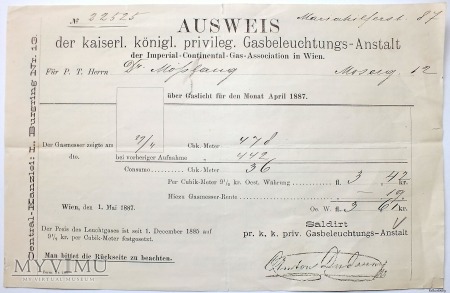 Duże zdjęcie Rachunek/potwierdzenie poboru za gaz 1887