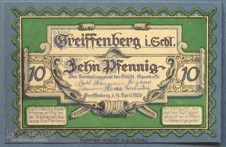 10 Pfennig 1920 r - Greiffenberg -Schl.- Gryfow Sl