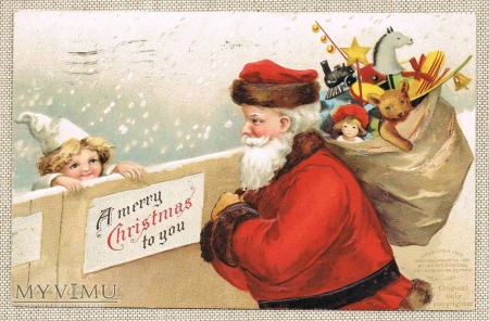 Boże Narodzenie Mikołaj z zabawkami chłopiec 1907