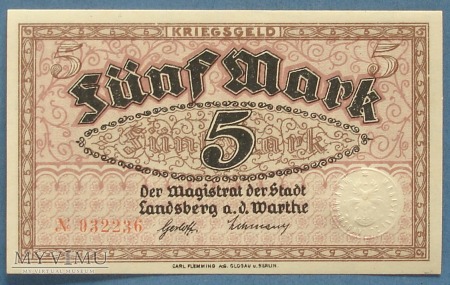 5 Mark 1918 r - Landsberg a.d.Warthe - Gorzow Wlkp