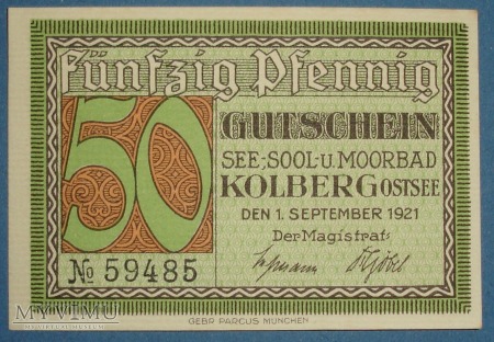 50 Pfennig z 1921 r - Kolberg - Kolobrzeg