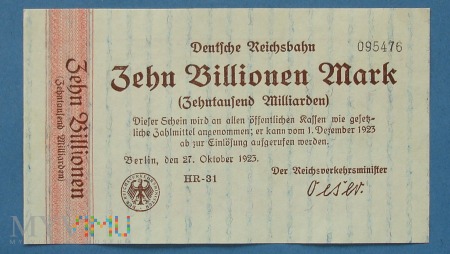 Duże zdjęcie 10 Bln Mark 1923 - Deutsche Reichsbahn - Niemcy
