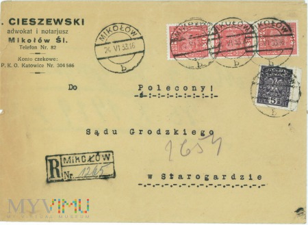 List nadany w Mikołowie- 1933