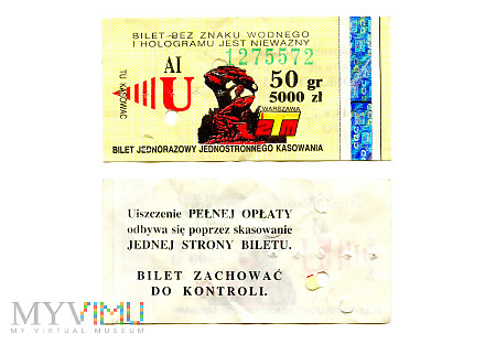 Bilet jednorazowy - Warszawa, 1995 rok