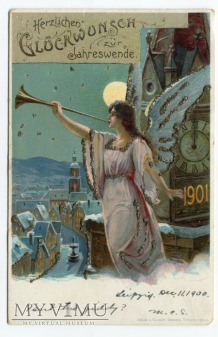 1900 Anioł nad miastem NOWY ROK Litho angel