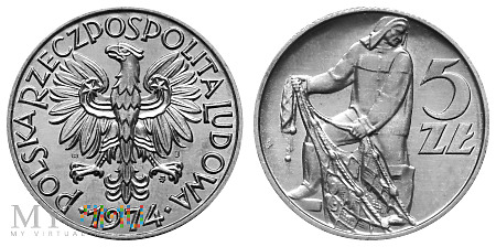 Duże zdjęcie 5 złotych, 1974, tzw. "Rybak", typ A
