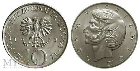 Duże zdjęcie 10 złotych, 1975, Adam Mickiewicz, odmiana A