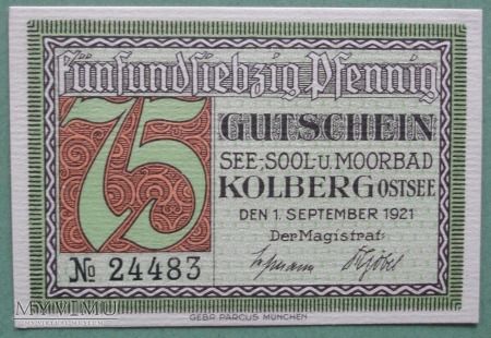 75 Pfennig 1921 r - Kolberg - Kolobrzeg