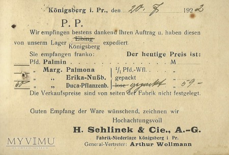 H. Schlinck & Cie., A.-G. Konigsberg 1922 r.