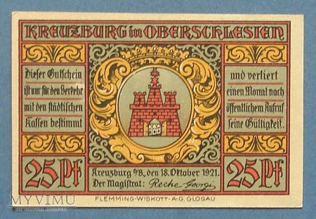 25 Pfennig 1921 r - Kreuzburg - Kluczbork