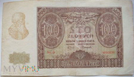 100 złotych 1 marca 1940 roku Seria D 4050236