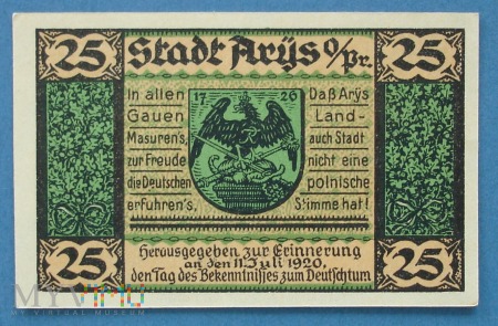 25 Pfennig 1921 r - Arys Ostpr. - Orzysz