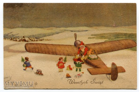 1937 Święty Mikołaj w Aeroplanie rozdaje podarki