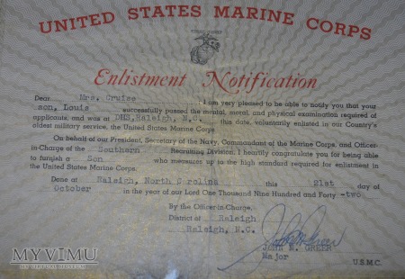 US Marine Corps enlistment certificate 1942