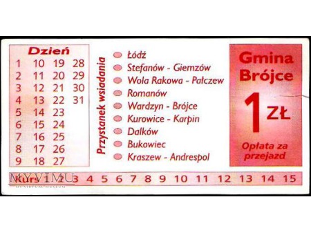 Bilet komunikacji miejskiej z Brójec.