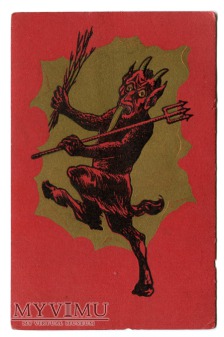 c. 1910 Piękny diabełek z rózgą i widłami Krampus