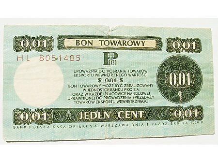 Polska- bon towarowy 0,01 $ rok 1979 r