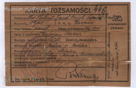 Karta Tożsamości z 10 Dywizjonu Żandarmerii.