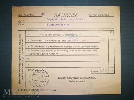 Rachunek telefoniczny nr 3, czerwiec 1934