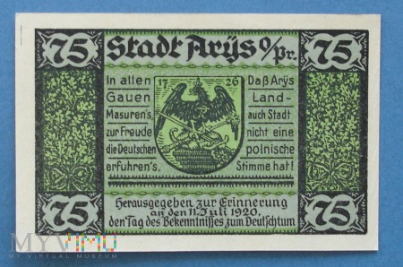 75 Pfennig 1921 r - Arys Ostpr. - Orzysz