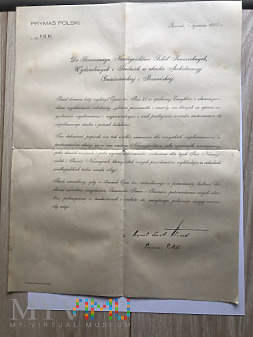 List z podpisem Kard.Augusta Hlonda Prymasa Polski