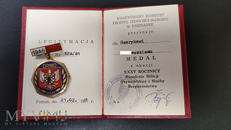 Legitymacja i medal XXXV Rocznicy MO i SB