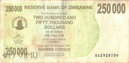 Zimbabwe - 250 000 dolarów (2007)