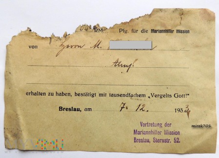 Dowód wpłaty na Mariannhiller Mission Breslau 1933