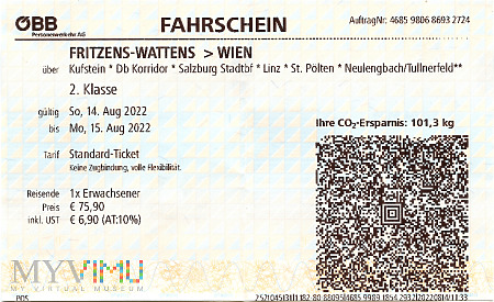 Bilet kolejowy z Fritzens-Wattens do Wiednia