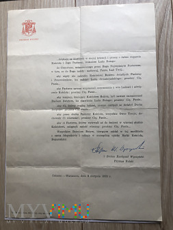 List z podpisem Kard.Stefana Wyszyńskiego Prymasa