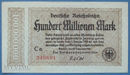 Duże zdjęcie 100 mln Mark 1923 - Deutsche Reichsbahn - Niemcy