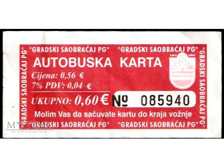 Bilet komunikacji miejskiej z Czarnogóry.