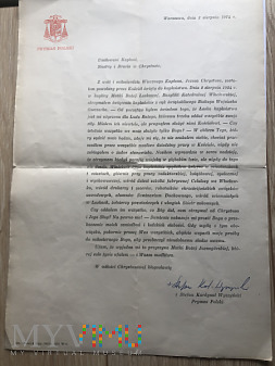 Duże zdjęcie List z podpisem Kard.Stefana Wyszyńskiego Prymasa