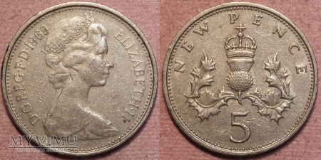 Wielka Brytania, 5 new pence 1969r.