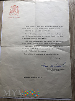 List z podpisem Kard.Stefana Wyszyńskiego Prymasa