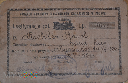 Legitymacja ZZ Maszynistów Kolejowych z 1923 r.