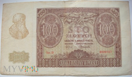 100 złotych 1 marca 1940 roku Seria D 9229727