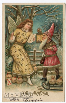 Duże zdjęcie c. 1910 Życzenia Krasnal Nowy Rok Skrzat i Anioł