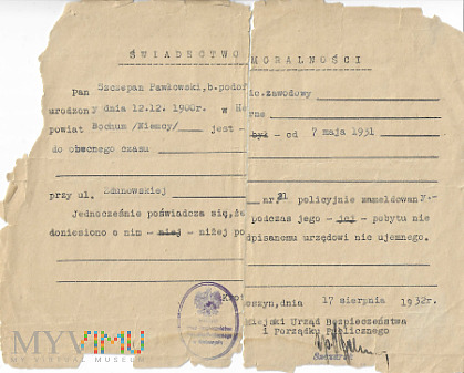Dokumenty/świadectwo moralności Krotoszyn lata 30.
