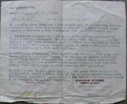 Odpis postanowienia sądowego 1936