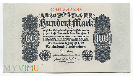 Niemcy - 100 marek, 1922r. UNC