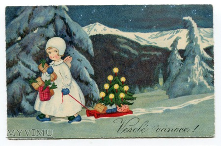 Duże zdjęcie Aniołek Święta Choinka Prezenty 1934 Anioł sanki