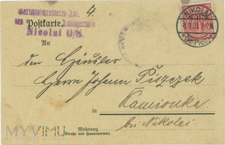 Kartka pocztowa- nadana w Mikołowie 08-09-1921